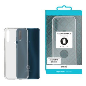 Coque transparente souple pour Alcatel 1S 2020 avec emballage turquoise et gris élégant.