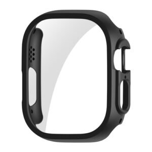 Coque noire élégante avec écran transparent pour Apple Watch, protection fine et design moderne.