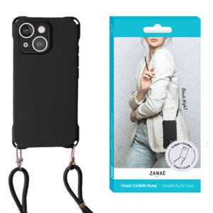Coque de téléphone noire ZANAÉ avec lanière bandoulière réglable et design élégant.