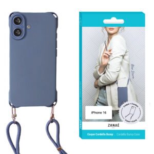Coque iPhone 16 bleue mate ZANAÉ avec lanière assortie portée en bandoulière élégante.
