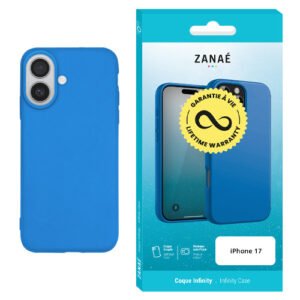 Coque bleue ZANAÉ pour iPhone 17 avec finition mate et garantie à vie.