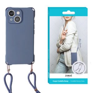 Coque smartphone bleue ZANAÉ avec lanière bandoulière, design élégant et pratique au quotidien.