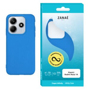 Coque silicone bleu vif Xiaomi Redmi Note 14 avec emballage ZANAÉ moderne et garantie à vie.