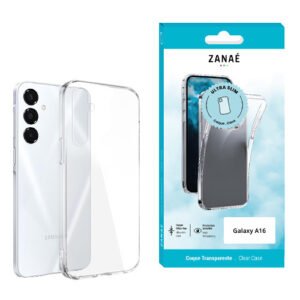 Coque transparente ZANAÉ pour Samsung Galaxy A16 avec emballage turquoise et design ultra fin.