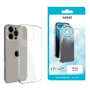 Coque transparente ultra fine ZANAÉ pour iPhone 16 Pro avec emballage bleu et blanc élégant.