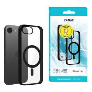 Coque iPhone 16e transparente ZANAÉ avec bord noir et compatibilité MagSafe élégante.