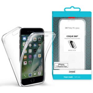 Coque iPhone 360° transparente ZANAÉ avec protection intégrale et emballage blanc turquoise élégant.