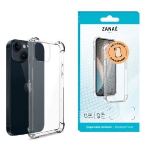 Coque iPhone transparente ZANAÉ avec coins renforcés et emballage antichoc bleu et blanc.