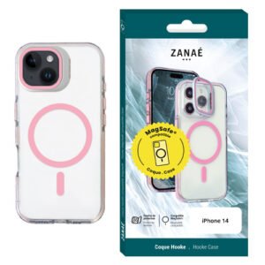 Coque iPhone 14 transparente ZANAÉ avec anneau MagSafe rose et protection antichoc élégante