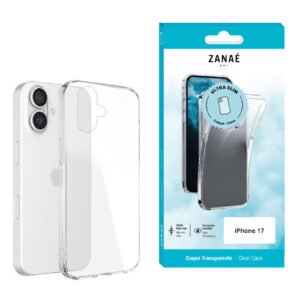 Coque transparente ultra fine ZANAÉ pour iPhone 17 avec emballage bleu moderne.