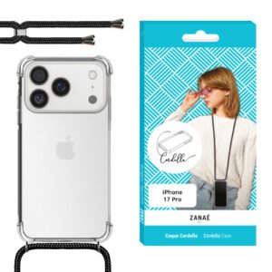 Coque transparente iPhone 17 Pro avec cordon noir et blanc ZANAÉ, style moderne et pratique.