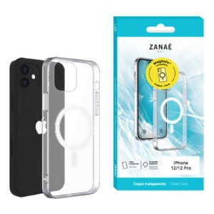 Coque transparente MagSafe ZANAE pour iPhone 12 et 12 Pro avec emballage moderne.