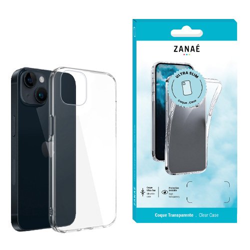 Coque transparente ZANAÉ pour smartphone avec emballage blanc et turquoise ultra fin.