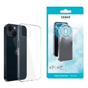 Coque transparente ZANAÉ Ultra Slim avec smartphone et emballage bleu clair élégant.