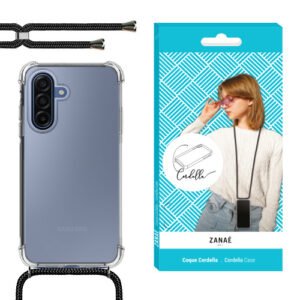 Coque transparente ZANAÉ avec cordon noir tressé, pratique et élégante pour smartphone.