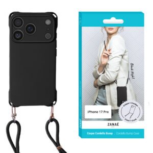 Coque noire iPhone 17 Pro avec sangle bandoulière réglable et design élégant ZANAÉ.