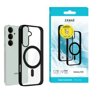 Coque transparente MagSafe ZANAÉ pour Samsung Galaxy S25 avec bord noir et design élégant.