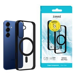 Coque transparente magnétique ZANAÉ avec bordure noire pour Samsung Galaxy S25 Plus.