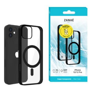 Coque transparente MagSafe ZANAÉ noire pour iPhone 12 et 12 Pro avec emballage moderne.