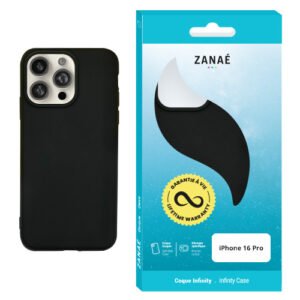 Coque iPhone 16 Pro ZANAÉ noire mate avec emballage bleu blanc et logo doré.