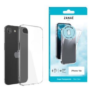 Coque transparente ZANAË ultra fine pour iPhone 16e avec protection légère et design élégant.