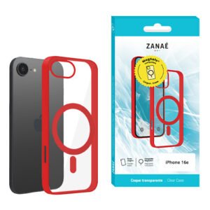 Coque iPhone 16e transparente avec bord rouge et anneau MagSafe, marque ZANAÉ.