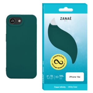 Coque iPhone 16e ZANAÉ bleu sarcelle avec emballage turquoise moderne et garantie à vie.