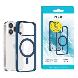 Coque iPhone 17 Pro transparente bleu foncé ZANAÉ avec aimant MagSafe et emballage élégant