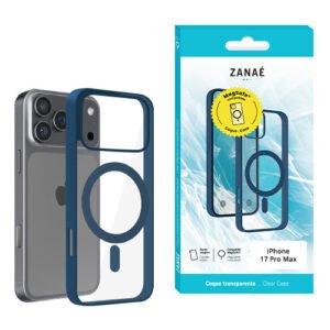 Coque transparente MagSafe ZANAÉ pour iPhone 17 Pro Max avec rebords bleu foncé élégants.