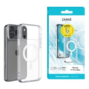 Coque transparente MagSafe ZANAE pour iPhone 17 Pro Max avec protection renforcée et design élégant.