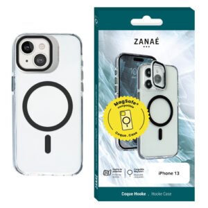 Coque transparente MagSafe ZANAÉ pour iPhone 13 avec design noir et emballage moderne.