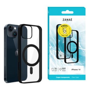 Coque transparente MagSafe ZANAÉ pour iPhone 14 avec cadre noir et design élégant.