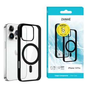 Coque transparente MagSafe ZANAÉ pour iPhone 14 Pro avec bords noirs et design élégant.