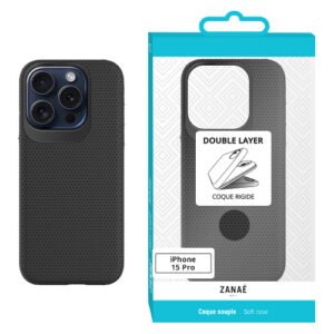 Coque iPhone 15 Pro noire ZANAÉ double couche, texture antidérapante et protection renforcée.