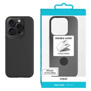 Coque noire double couche ZANAÉ pour iPhone 15 Pro Max, design mat et protection renforcée.