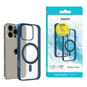 Coque iPhone 16 Pro transparente avec bord bleu renforcé et anneau MagSafe visible