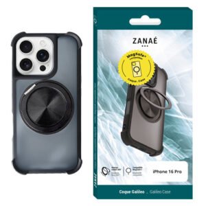 Coque ZANAÉ Galileo MagSafe noire pour iPhone 16 Pro avec anneau magnétique et bords renforcés.