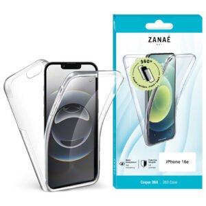 Coque transparente 360° ZANAÉ pour iPhone 16e avec emballage moderne bleu et blanc.