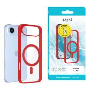 Coque iPhone 17 Air transparente avec cadre rouge ZANAÉ et compatibilité MagSafe.