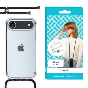 Coque transparente iPhone 17 ZANAÉ avec lanière noire élégante et emballage turquoise moderne.
