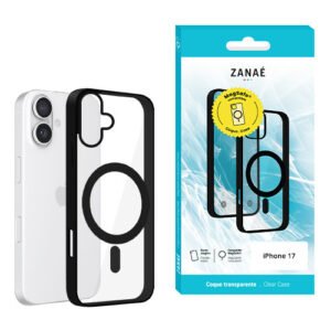Coque transparente MagSafe ZANAÉ pour iPhone 17 avec bordure noire et design moderne.