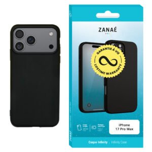 Coque ZANAÉ Infinity noire pour iPhone 17 Pro Max avec emballage turquoise et garantie à vie.