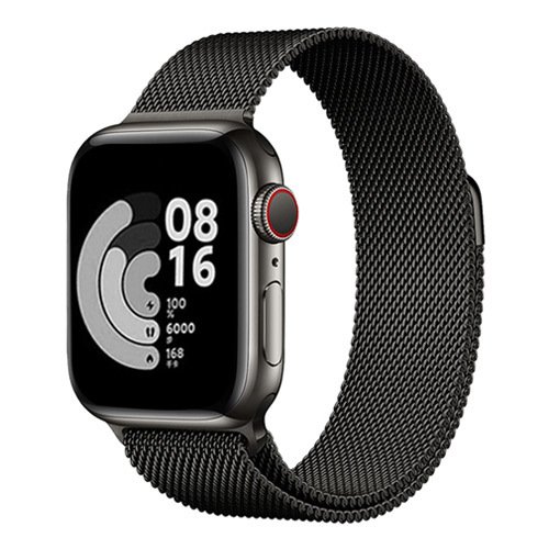 Montre connectée noire élégante avec écran rectangulaire et bracelet maille milanaise raffiné.