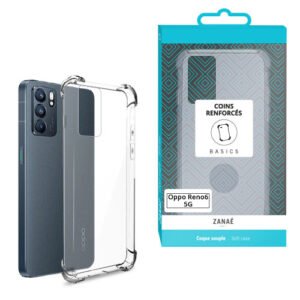 Coque transparente renforcée ZANAÉ pour Oppo Reno6 5G avec emballage turquoise et gris.