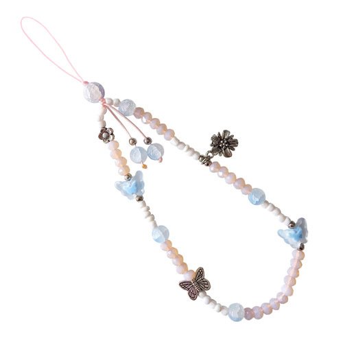 Charm papillon pastel en perles roses, blanches et bleues sur cordon rose élégant.
