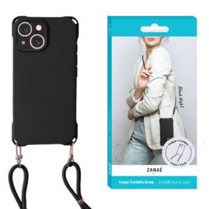 Coque de téléphone noire ZANAÉ avec cordon détachable, élégante et pratique pour un port mains libres.