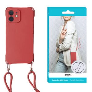 Coque de téléphone rouge ZANAÉ avec cordon bandoulière élégante et emballage moderne.