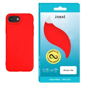 Coque rouge mate ZANAÉ pour iPhone 16e avec emballage bleu et garantie à vie