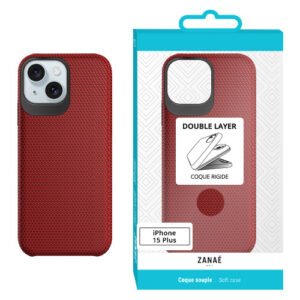 Coque rouge double couche ZANAÉ pour iPhone 15 Plus, protection élégante et antidérapante.
