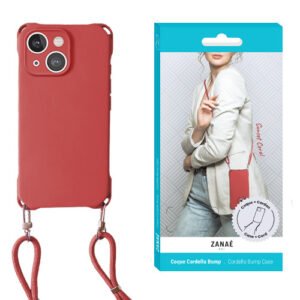 Coque de téléphone rouge ZANAË avec sangle bandoulière élégante et design moderne.
